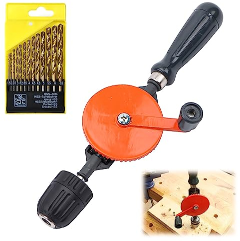 Mini Trapano a Mano per Legno, 3/8 (1.5-10 mm) Pollice 45# Acciaio Trivella a Mano, con 13 Punte da Trapano, All'aperto Mini Trapano per Legno per Praticare dei Fori in Legno, Bambù, Ottone (1)
