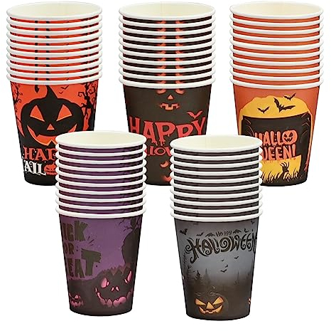 TSLBW 50 Pieces Halloween Party Cups Decor, 9 Ounces Halloween Party Paper Cups, Halloween Paper Cups for Pumpkin Party Decoration for 50 Guests