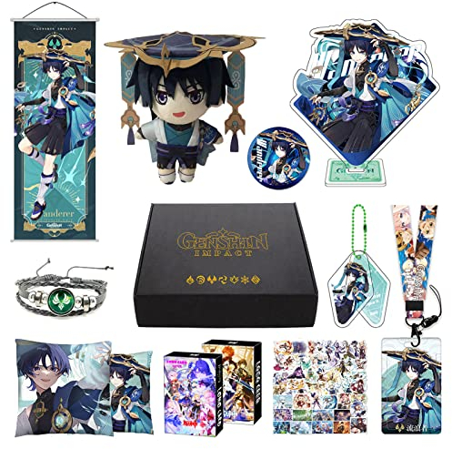 Genshin Impact Box Geschenkbox Merch Set mit 11 Geschenk, Wanderer Cyno Xiao All 5 Stars Characters Plush Poster Acrylic Stand Aufkleber Set, Sammlung für Traveller Fans (Wanderer)