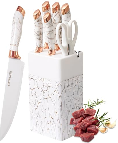 lapelux Kitchen Knife Set - 6 Piece Knife Set with Block .Stainless Steel Knivese with Chef, Bread Knife, Kitchen Scissors for Cutting Meat/Vegetables/Fruit.(White)