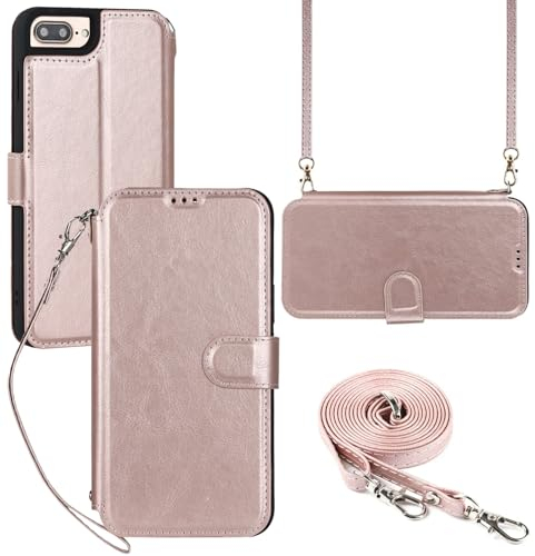 ELTEKER Hülle für iPhone 7 Plus/8 Plus Klapphülle,Handyhülle iPhone 7 Plus/8 Plus mit Umhängeband und Kartenfach mit Ständer,Perfekt Schutz Tasche Lederhülle,Rosa