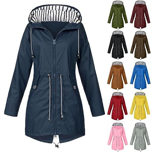 Manteaux Imperméables Vestes Femme Grande Taille Veste de pluie pour femme avec capuche Coupe-vent léger à manches longues Zip Up Cordon Imperméable avec poches Vestes Dames Avec (Dark Blue, XXL)