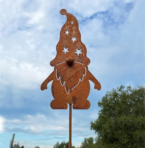 STEINFIGURENWELT GIEBEN Weihnachtsfigur Wichtel stehend 40x21cm + Stab Gartenstecker Edelrost Gartendeko Rost Weihnachtsdeko Metall Rostfigur (Wichtel Arme auseinander 40x21cm)