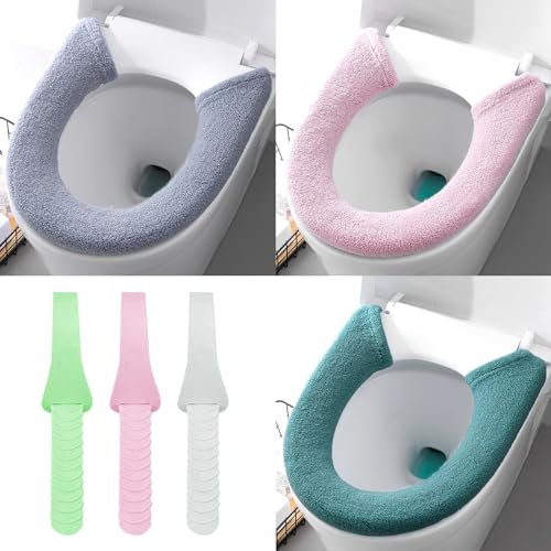 AYNKH 3PCS Soft Thicker Toilet Seat Warmer with Handles, Button Style Universal Cushion Plush Cover Closestool Pads, Washable Reusable Stretchable Bathroom Accessories