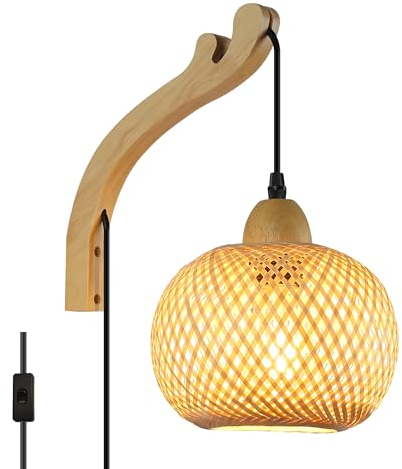 SUNLLOK Modern Plug in Bamboo Wall Light Fixture - Basket Rattan Lampshade Hanging Wall Mounted Lamp with Switch, Indoor Wood Base Wicker Wall Sconces for Kitchen Island, Living Room, Restaurant