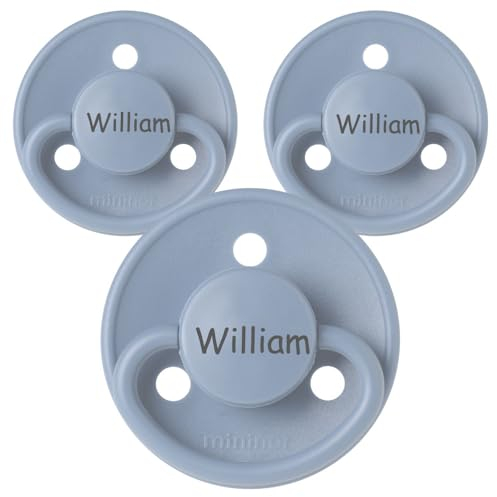 Namensschnuller, personalisiert auf Schnullern von Mininor, Naturkautschuk, Rund. Größe 1, 0-6 Monate, 3 Stück, Schnuller mit Namen, Nuckel, BPA-frei Schnuller, Graviert