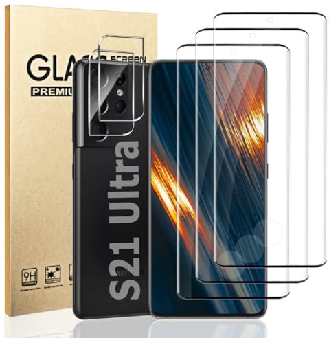 3+2 Pack Galaxy S21 Ultra Screen Protector - Camera Lens Protector Premium Tempered Glass Screen Protector for Samsung Galaxy S21 Ultra (6.8 Inch)- Easy Installation and Fingerprint Unlock