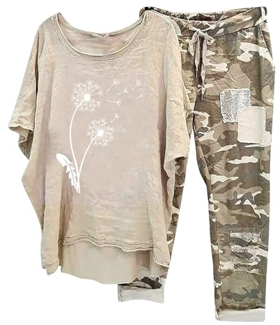 2-Teiliges Leinenanzug Damen Sommer Tshirt Top und Weite Beine Hose Freizeitanzug Casual Baumwolle Hosenanzug Zweiteiler Vintage Sportanzug Tarnung Motive Yoga Outfits