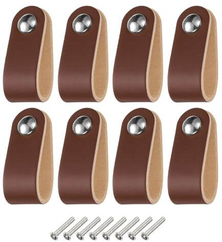 sourcing map 8 Packs Leather Drawer Pulls, Single Hole Leather Drawer Knobs Furniture Dresser Handles Pulls with Screws for Dressers Drawers Closet Kitchen Cupboard, Brown/Silver