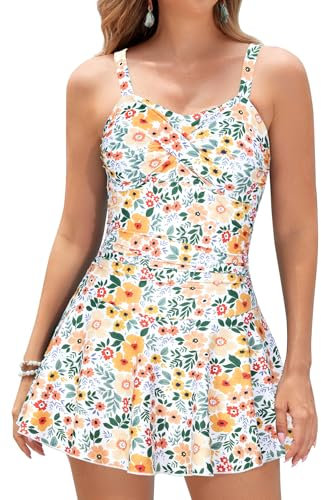 SHEKINI Costumi da Bagno Donna Un Pezzo Ruched Sport Skirted Swimwear Regolabile Vintage Costume Intero Donna Mare Gonna da Spiaggia(L,Arancione-Viola)