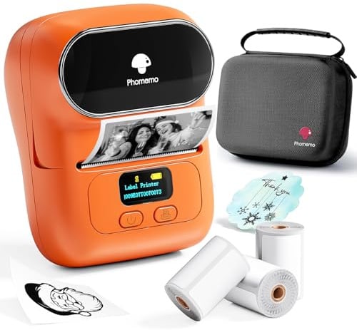Phomemo M110 Etikettendrucker, Bluetooth Etikettenmacher Set,Tragbarer Etikettiergerät für Kleinunternehmen,Haushalt,Schule,Thermo Etikettenmacher mit 3 Rollen Etiketten und 1 Tragbare Tasche -Orange