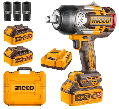 Ingco 3/4 Inch High Torque Impact Wrench 1350NM, 20V Brushless Motor, Max Speed 1800RPM Battery Impact Gun with 2Pcs 5.0Ah Battery and 1Pcs Charger, with 3 Sockets for Truck, Car, Home CIWLI20135