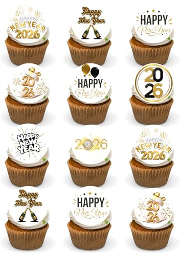24 PRECUT New Years Eve Party 2026 Edible Cupcake, Cocktail Toppers Premium Wafer Card.
