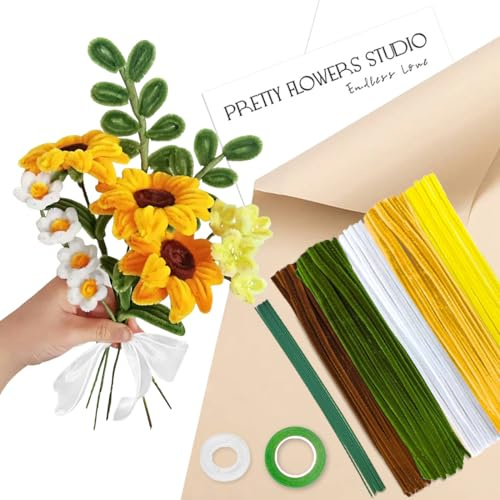 Pfeifenreiniger Blumen Gelb Set, Pfeifenputzer zum Basteln, 150 Stück Chenilledraht mit Geschenkpapier Geschenkband, Pipe Cleaner für DIY Handwerk Dekorationen