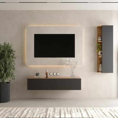 Planetmöbel Meuble TV de 140 cm de long, 1 meuble TV de 40 x 130 x 17 cm suspendu, meuble TV pour salon, 1 meuble TV bas 140 x 30 x 37,8 cm, chêne doré anthracite