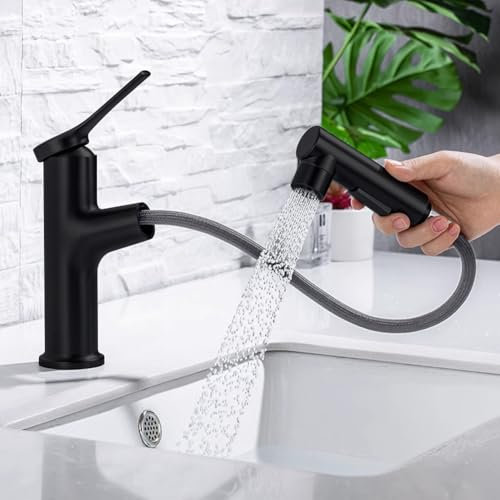 DASIAUTOEM Robinet de salle de bain - Extensible - Robinet de lavabo avec tirette haute pression - Mitigeur monocommande pour salle de bain - Noir
