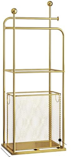 Blanket Rack Free Standing Towel Rack Quilt Rack Standing Towel Rack Metal 2-Tier Towel Stand with Storage Rack and Laundry Basket for Bathroom Towel Stand Blanket Ladder, Gold