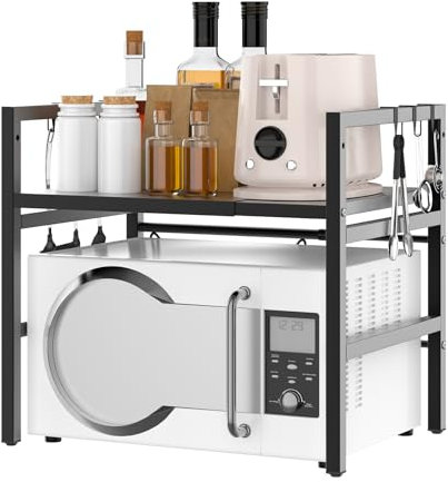 Carbon Steel Microwave Shelf – 2-Tier Expandable Rack (40-60cm ) Air Fryer Shelf Stand, 10cm Height Adjustable Microwave Oven Rack, 25KG Capacity, 4 Adjustable Feet Pot Pan Grill Storage Racks