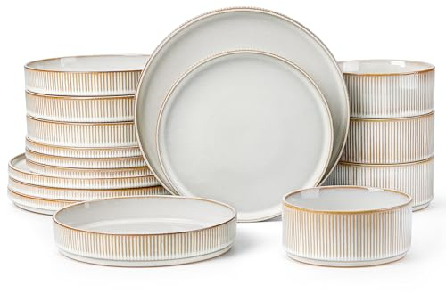 LIANYU Steingut-Geschirr-Sets mit Pastaschalen, 16-teiliges Teller- und Schüssel-Set für 4 Personen, geripptes Essgeschirr für Zuhause, mikrowellen- und spülmaschinenfest, Dawn Beige
