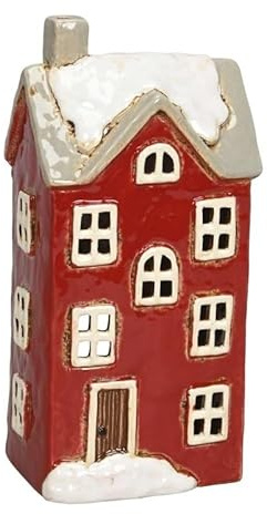 Keramik Windlicht-Haus, Weihnachtsdekoration, Teelichthalter mit Fenstern, Größen (rot/weiß B/T/H: 12 x 9,5 x 25cm)