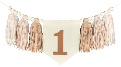 1. Hochstuhl Banner, Geburtstagsbanner mit Holzperlen und Quasten, Hängende Highchair Banner Dekoration für Party, Urlaub, Jubiläumsfeier