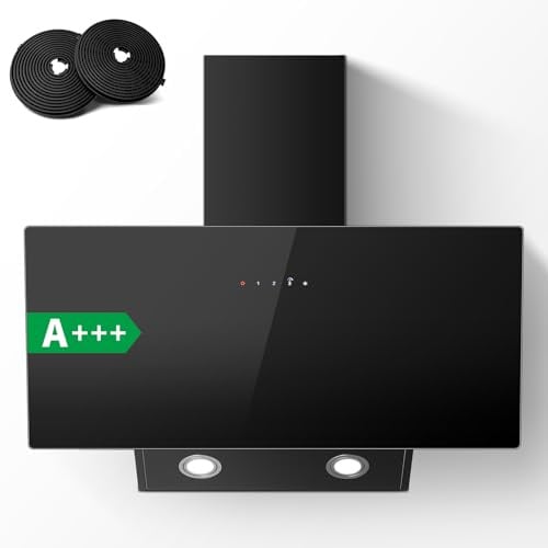TopStrong Cappa aspirante 90 cm, Cappa Cucina Inclinata 90cm con Filtro a Carboni, 450 m³/h, Ricircolo & Canalizzazione, 3 Livelli di Regolazione + Booster, 58 dB, LED, Nero, Efficienza A+++