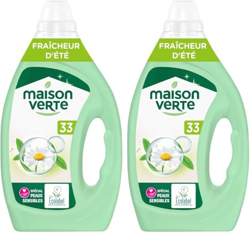Maison Verte - Lessive Liquide - Parfum Fraîcheur d'Ete - Lessive Détachante - Spécial Peaux Sensibles - Efficace dès 20°C - 5 Enzymes Actives d'Origine Naturelle - Sans Conservateurs - 33 Lavages