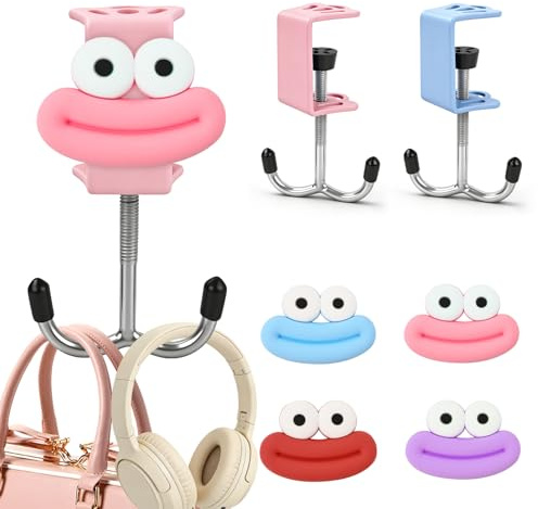 AULEEP 2 Pack Clamps-On Handbag Hooks for Table & Desk, Adjustable Metal Bag Hanger with Cute DIY Stickers, 100 lbs Capacity Heavy-Duty Desk Hooks for Handbag, Backpack, Headphone, Blue & Pink