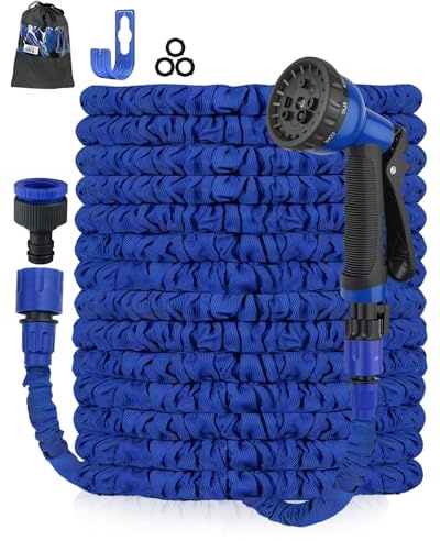 Zenmos 100FT Expandable Garden Hose Pipe - 8 Function Spray Nozzle, Flexible Expanding Magic Hose with 3/4, 1/2 Fittings, Anti-Leakage - Heavy Duty Water Hose for Spring/Summer (Blue, 100FT)