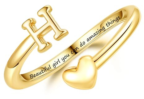 Turandoss Buchstaben Herz Ringe für Teenager Mädchen Kinder Geschenke | 14K Vergoldet Verstellbare Ring mit Buchstaben, Hypoallergen Ringe Gold Schmuck, Geburtstagsgeschenk für Mädchen Kinder