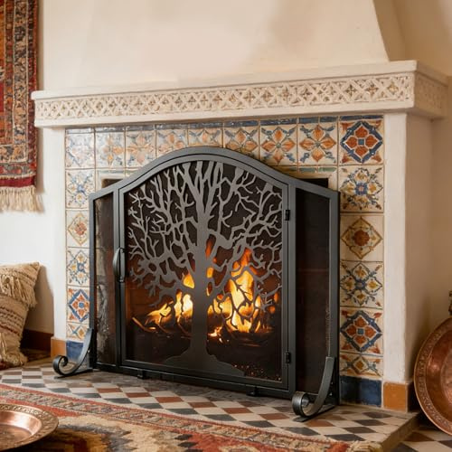 Wrought Iron Fireplace Screen With Doors, Flat Panel Mesh Spark Guard With Leaves Pattern, Handcrafted Modern Fire Pace Cover For Living Room, For Coal Firing Stoves And Grills