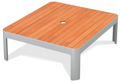 KHG Gartentisch mit Lift-Funktion Braun, Couchtisch aus Alu-Gestell und Tischplatte aus Polywood in Holz-Optik mit Schirmloch, wetterfest UV-beständig, 78x31x90 cm