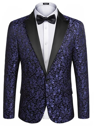 Coofandy Chaqueta de Esmoquin Floral con Estampado de Cachemira, Bufanda, Solapa, Traje, Blazer para Cena, Baile de graduación, Boda, 1-Azul Marino, XL