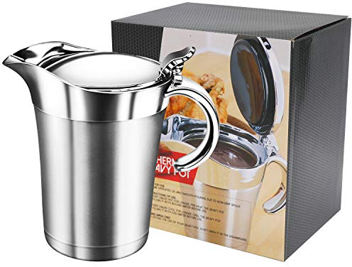 IAXSEE Salsera de acero inoxidable 304 con doble aislamiento extra grande, calentador de salsa, jarra de doble pared y salsa de caramelo para café, jarra de acero inoxidable