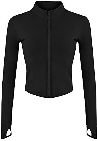 Gihuo Women's Athletic Full Zip Lightweight Workout Jacket Cropped Gym Yoga Track Jacket with Thumb Holes (Black, Medium)