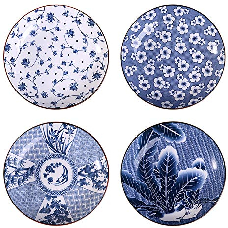 Gegong 4 Stück blaue und weiße Porzellan-Servierteller mit Blumenmuster, flache Teller für Vorspeisen, Salat, Dessert, Snack-Teller (17,8 cm, verschiedene Muster)