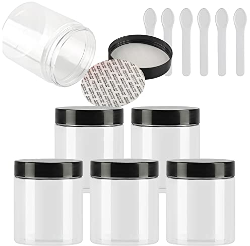 TIANZD 6 Pièces Vides Petit 250 ml Transparent Cosmétique Pot en Plastique avec Couvercle Noir 250 g Pots de Cosmétique Crème de Bouteille Contenant avec 6x Spatules