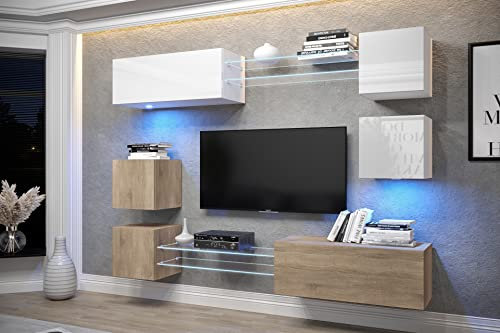 Furnitech Wohnwand Wohnzimmer | Wohnzimmer Möbel mit LED Weiß | Hängend Wohnwand Modern | Wohnzimmer Schrankwand mit Regale und TV Schrank (AN65N-21WS-HGM11)