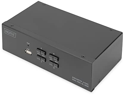DIGITUS KVM-Switch HDMI – 4-Port Dual-Display – 4 PC 2 Monitore – 1x Maus, Tastatur & Audio für 4 Computer – UHD 4K@30Hz (3840 x 2160p) – Hot-Key KVM Umschalter – 1x USB 2.0 Hub – Schwarz