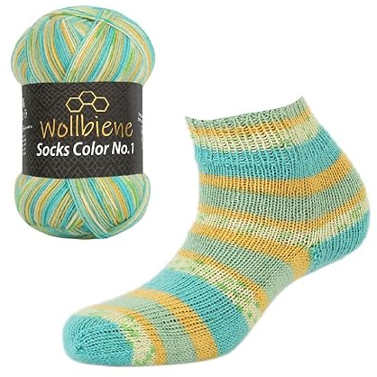 Wollbiene Socks Color Sockenwolle 100g 4-fädig Stricken und Häkeln 75% Schurwolle Farbverlaufswolle Strickwolle Socken (46 türkis grün gelb)