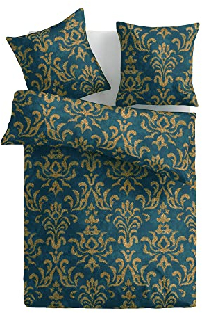 Bettwäsche 2-TLG. (Ornament Grün/Gelb) 100% Satin Baumwolle, 135x200cm und 80x80cm Set, kuschelig weicher Bettbezug - mit Reißverschluss