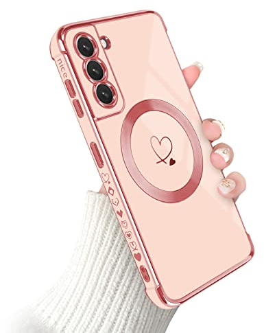 Newseego Handyhülle für Samsung Galaxy S21 Hülle für Frauen Mädchen [Kompatibel mit MagSafe] Niedliches Herzmuster Magnetische Hülle Plattiertem Rand Silikon Stoßfeste Schutzhülle Samsung S21–Rosa