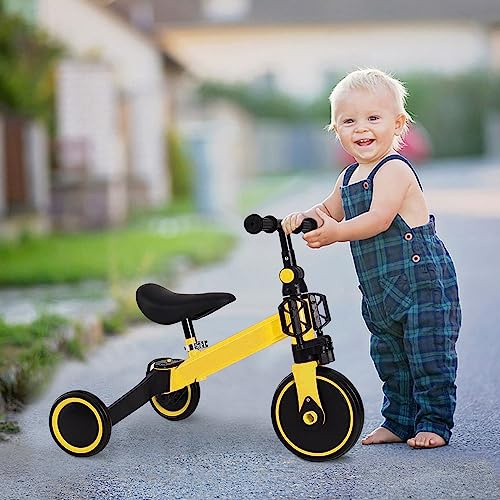 2 in 1 Kinder Dreirad & Laufrad & Balance Bike mit verstellbarem Sitz und Lenker, Kinder Tricycle mit abnehmbaren Pedalen, für Kinder von 1-3 Jahre alt-2 in 1 (gelb)