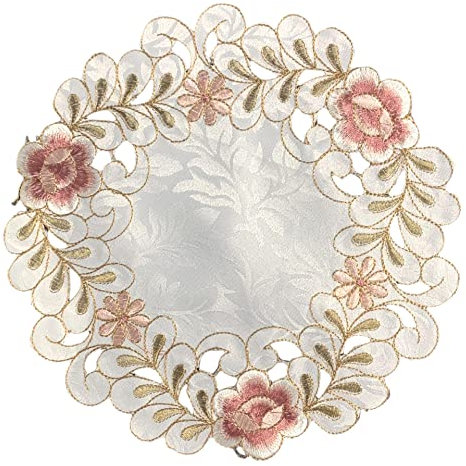 Wambere Set di 4 tovagliette da tavola con ricamo floreale, in tessuto traforato, rotonde, a forma di fiore, per sala da pranzo, cucina, banchetti, matrimoni, 30 cm, rosa