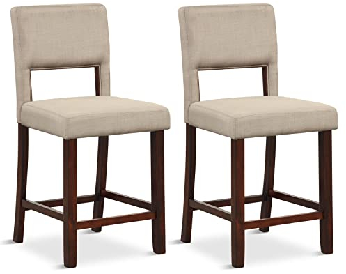 COSTWAY 2er Set Esszimmerstühle mit Rücklehne und Holzbeinen, Polsterstuhl Küchenstuhl Retro, Sitzhöhe 62cm (Beige)