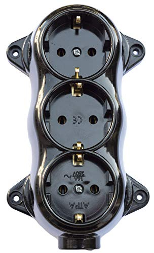 Steckdose-FEST retro -3-fach-16A-250V-Aufputz-Montage-Messing-dick Schwarz RETRO Bakelit-OPTIK ALT