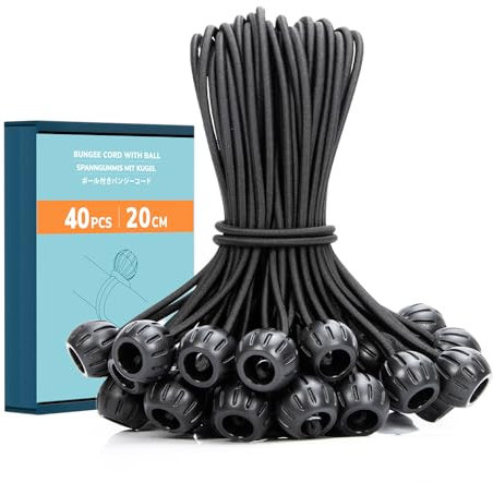 Abma Bungee Cords with Balls 40Pcs x 20cm Heavy Duty Tarpaulin Bungee Ties for Tarpaulin, Tent, Banners and Fixing - Black