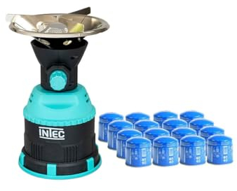 INTEC - Réchaud à Gaz Portable 1200W – Mini Réchaud de Camping/Randonnée, Kit Complet 16 Cartouches Butane 190g – Allumage Piézo, Plaque INOX, Léger & Compact.