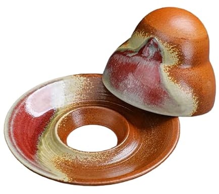 Japanese Ceramic Cup & Saucer Set - Traditional Asian Style Cups for Tea, Coffee, Espresso - Rustic, Vintage Drinking Earthenware Sets - Innovative Conical Design & Hollow Coaster (Brown)