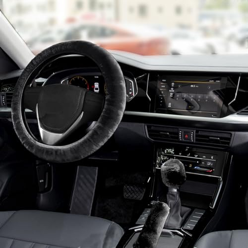 agctrler 3 Stück Lenkradbezug, Auto Lenkradhülle, Lenkradabdeckung Handbremse Getriebe Abdeckung Anti Rutsch Warme Wolle Plüsch Lenkrad, Universal Lenkradabdeckung Lenkradbezug Auto Zubehör (Schwarz)